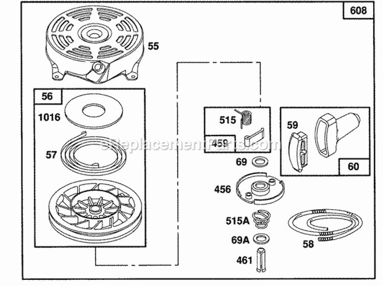 Rewind Assembly Diagram and Parts List for 125702-0113-01  Briggs and Stratton Engine